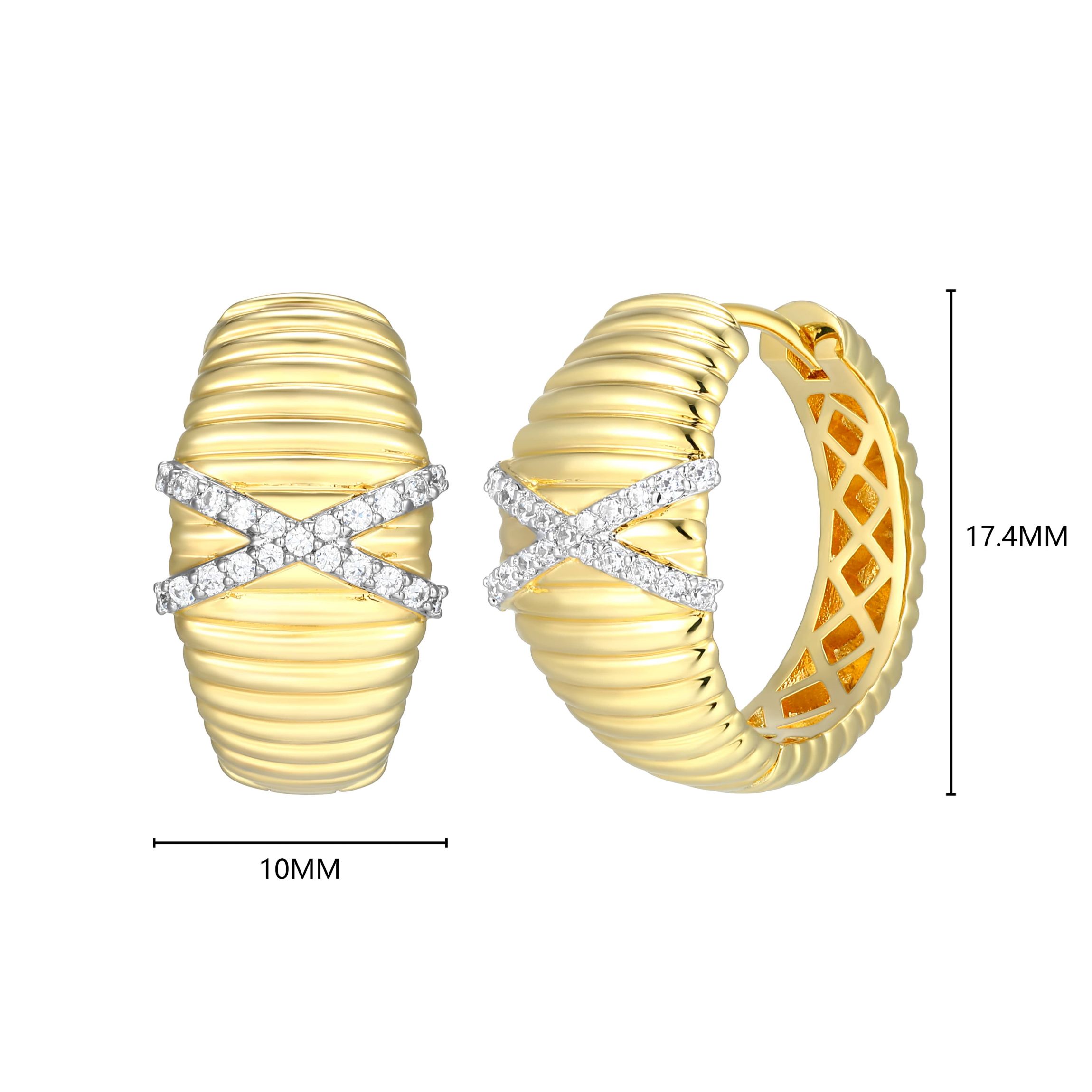 18K Yellow Gold Plated Sterling Silver Womens 1/6 CTTW Lab Grown Diamond X-Design Dome Hoop Earrings