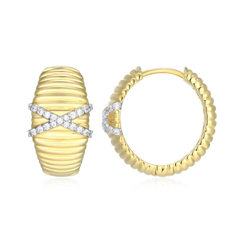 18K Yellow Gold Plated Sterling Silver Womens 1/6 CTTW Lab Grown Diamond X-Design Dome Hoop Earrings