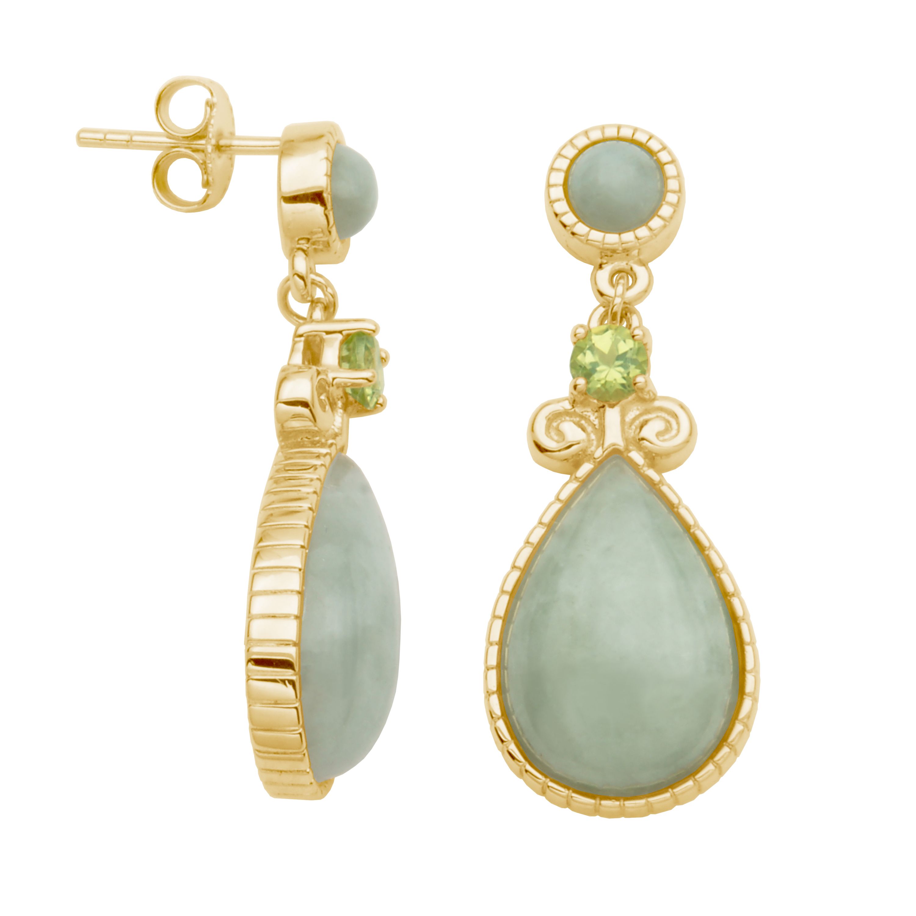 Genuine Green Jade Pear Drop Earrings with Peridot in 18k Yellow Gold Plated Sterling Silver