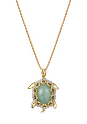 Paj 1/10 Ct. T.w. Diamond And Jade Turtle Pendant Necklace In 18K Yellow Gold Plated Sterling Silver