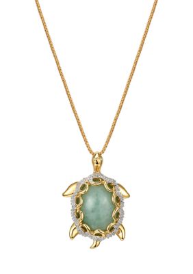 PAJ 1/10 ct. t.w. Diamond and Jade Turtle Pendant Necklace In 18K Yellow Gold Plated Sterling Silver, Green -  0716825682344