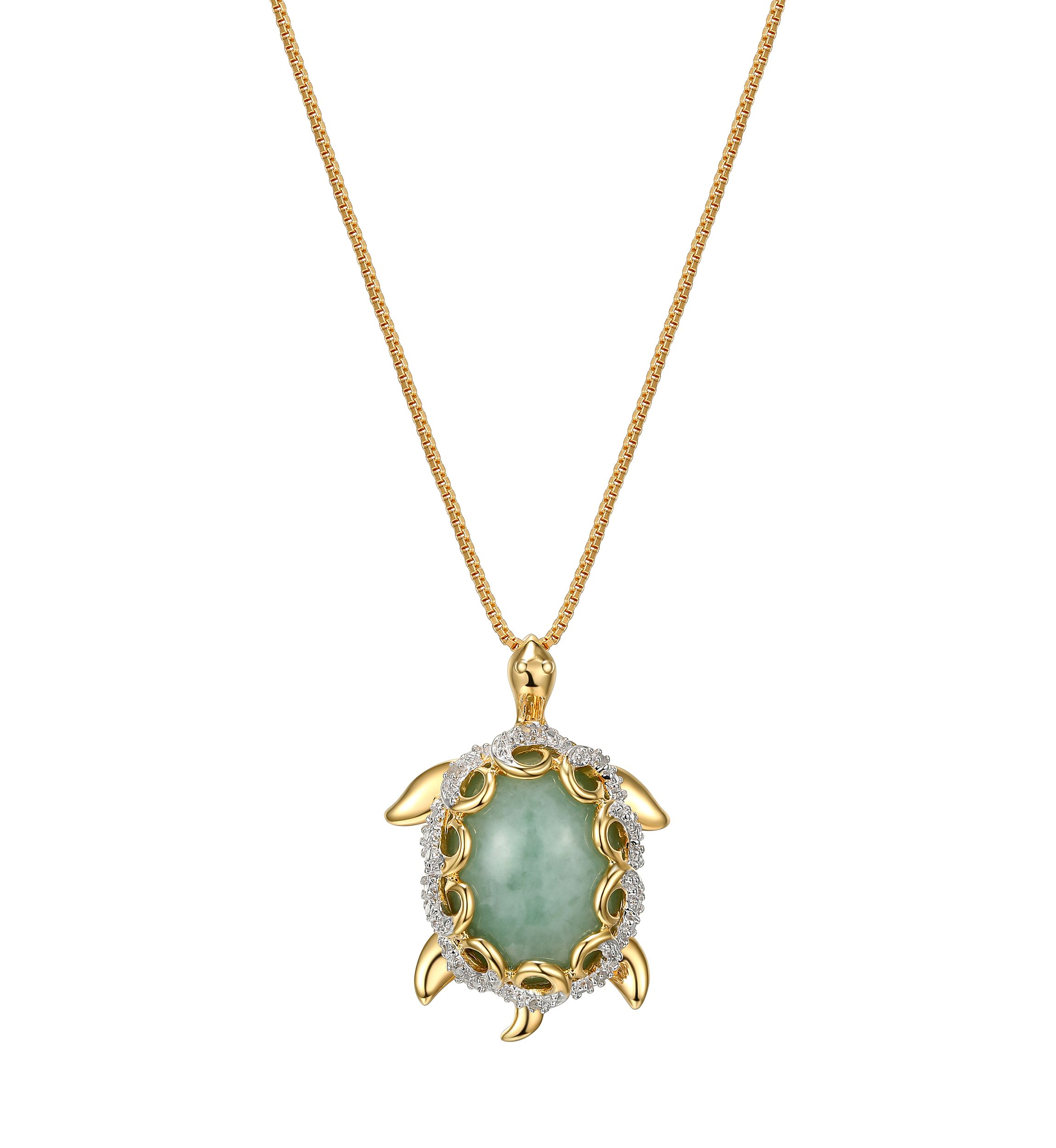1/10 ct. t.w. Diamond and Jade Turtle Pendant Necklace In 18K Yellow Gold Plated Sterling Silver