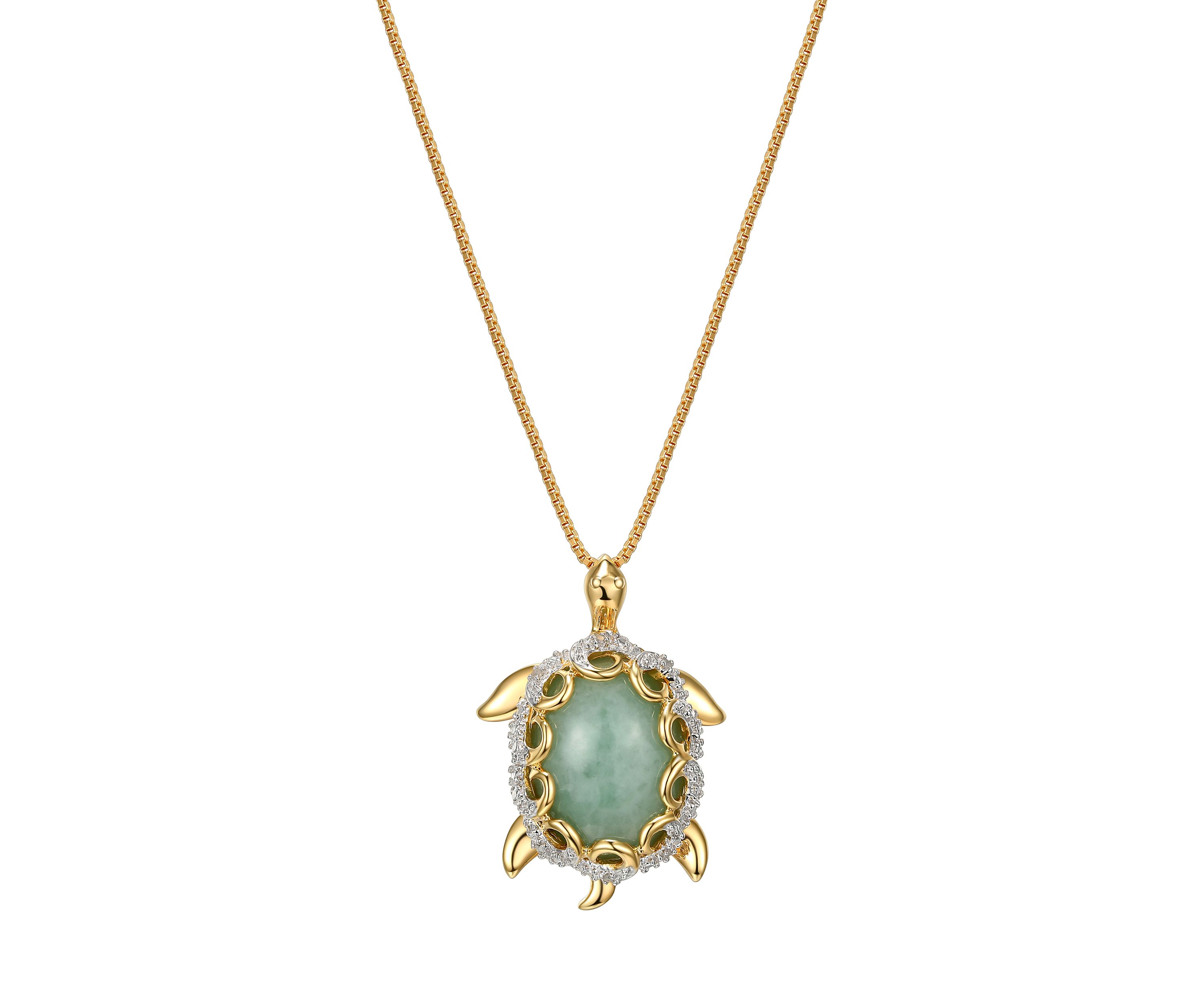 1/10 ct. t.w. Diamond and Jade Turtle Pendant Necklace In 18K Yellow Gold Plated Sterling Silver