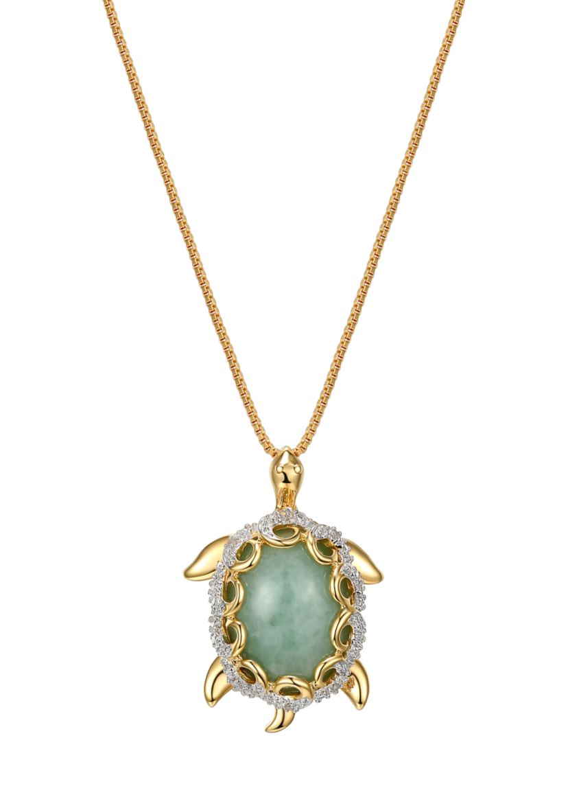 1/10 ct. t.w. Diamond and Jade Turtle Pendant Necklace In 18K Yellow Gold Plated Sterling Silver