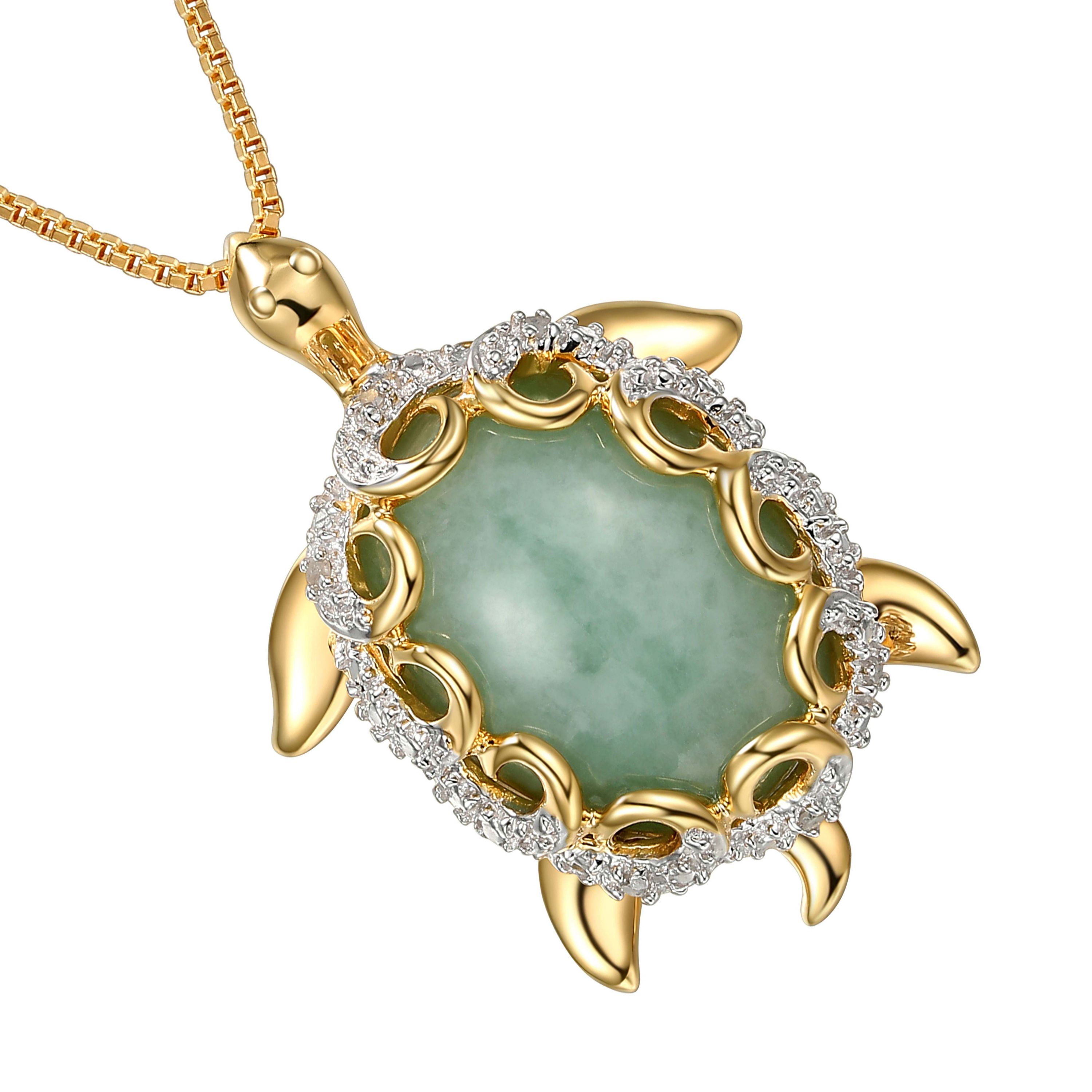 1/10 ct. t.w. Diamond and Jade Turtle Pendant Necklace In 18K Yellow Gold Plated Sterling Silver