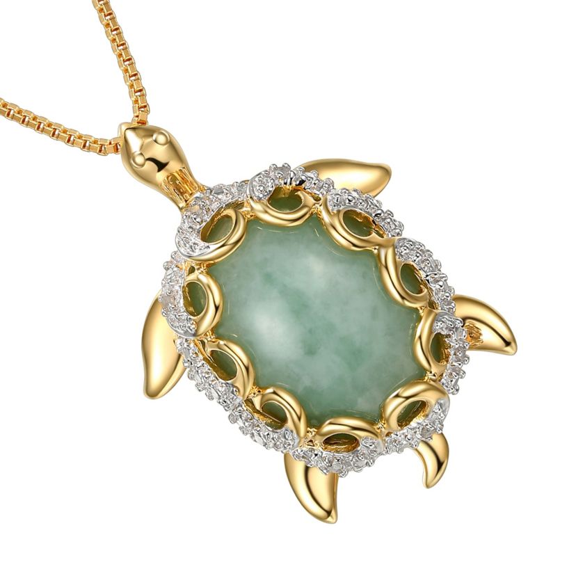 1/10 ct. t.w. Diamond and Jade Turtle Pendant Necklace In 18K Yellow Gold Plated Sterling Silver