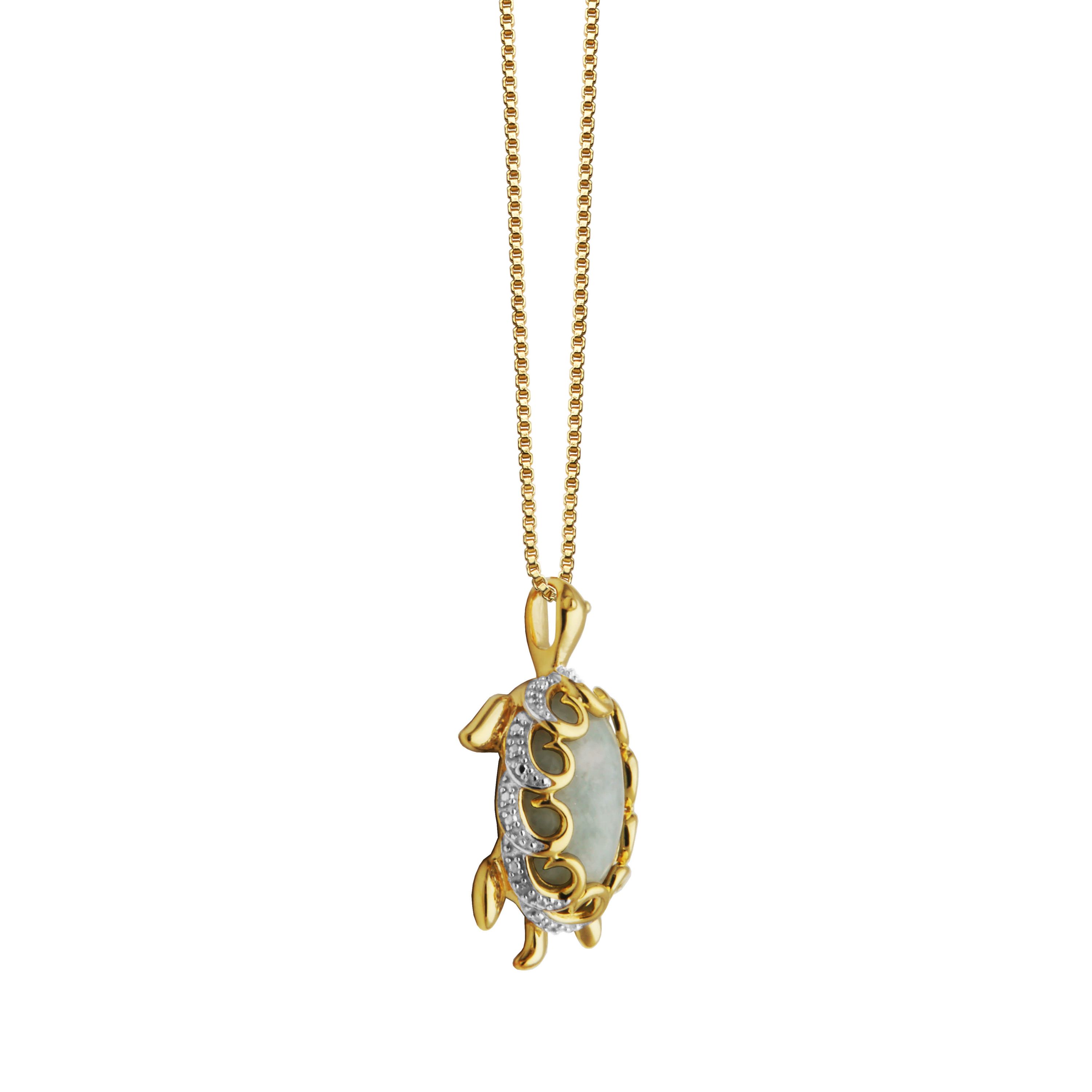1/10 ct. t.w. Diamond and Jade Turtle Pendant Necklace In 18K Yellow Gold Plated Sterling Silver