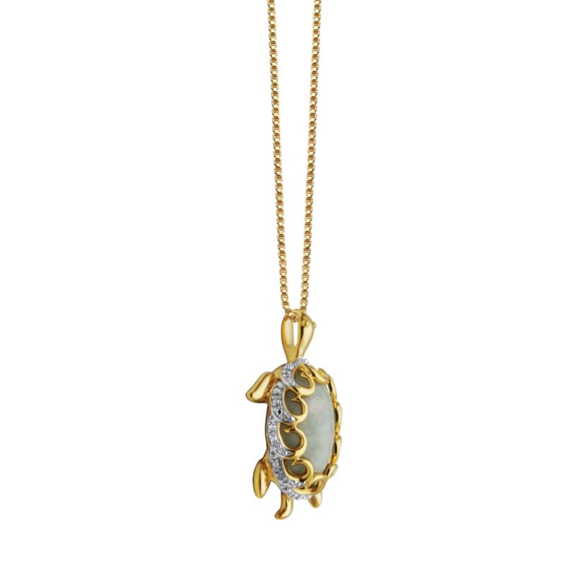 1/10 ct. t.w. Diamond and Jade Turtle Pendant Necklace In 18K Yellow Gold Plated Sterling Silver