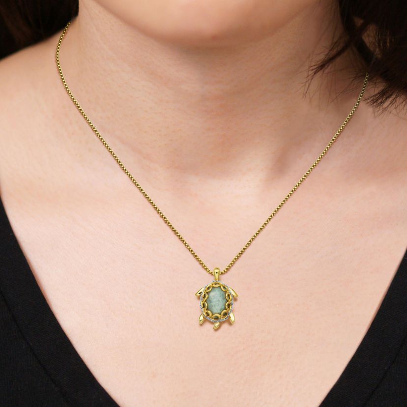 1/10 ct. t.w. Diamond and Jade Turtle Pendant Necklace In 18K Yellow Gold Plated Sterling Silver