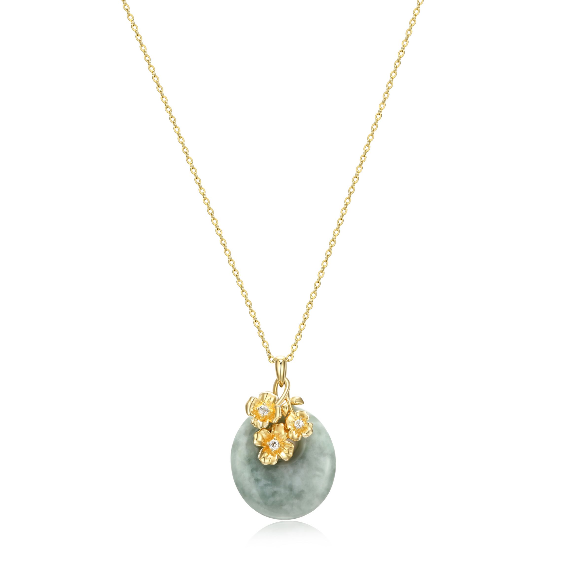 Genuine Jade Disc Pendant Necklace with Floral Embellishments in 18k Yellow Gold Plated Sterling Silver