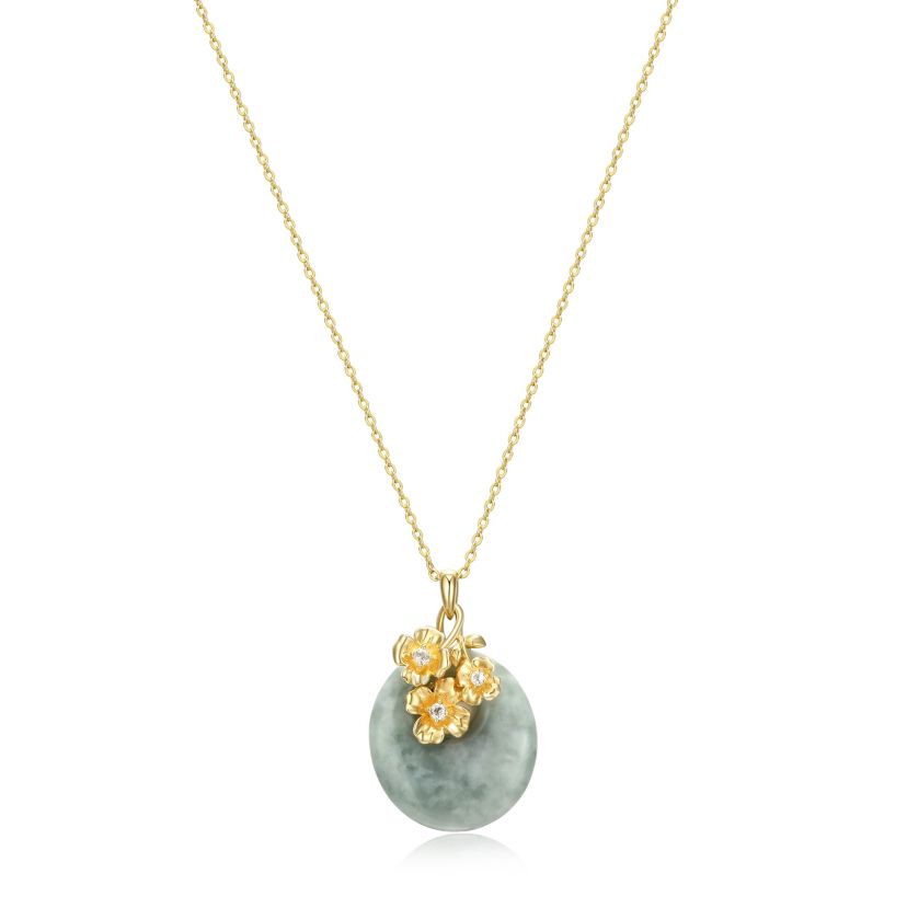 Genuine Jade Disc Pendant Necklace with Floral Embellishments in 18k Yellow Gold Plated Sterling Silver