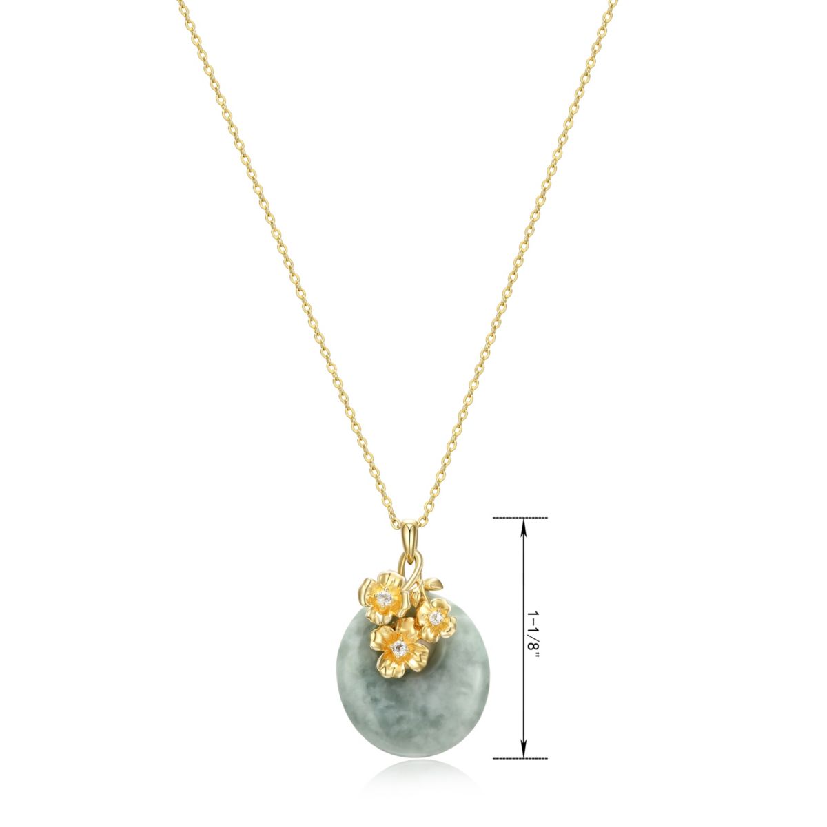 Genuine Jade Disc Pendant Necklace with Floral Embellishments in 18k Yellow Gold Plated Sterling Silver