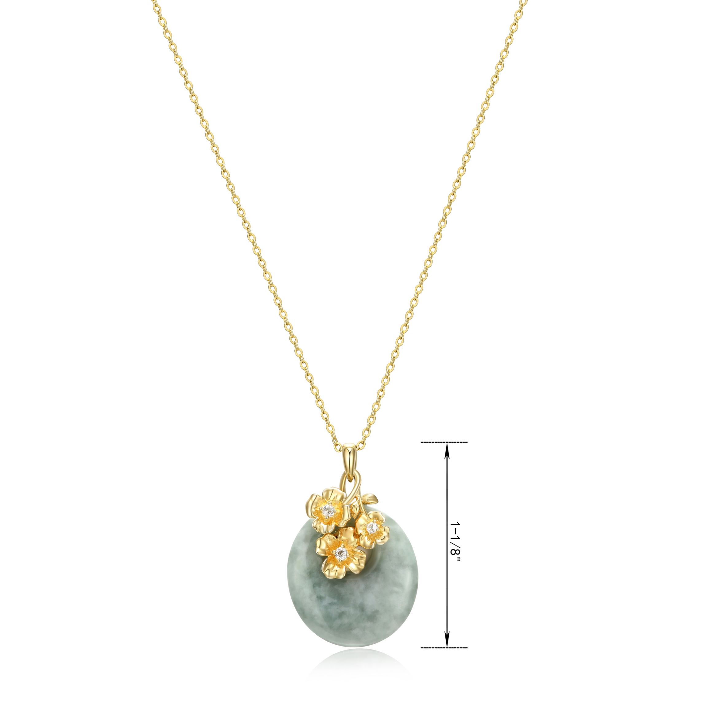 Genuine Jade Disc Pendant Necklace with Floral Embellishments in 18k Yellow Gold Plated Sterling Silver