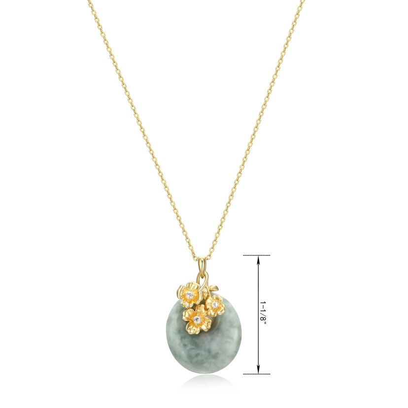 Genuine Jade Disc Pendant Necklace with Floral Embellishments in 18k Yellow Gold Plated Sterling Silver