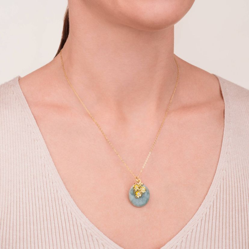 Genuine Jade Disc Pendant Necklace with Floral Embellishments in 18k Yellow Gold Plated Sterling Silver