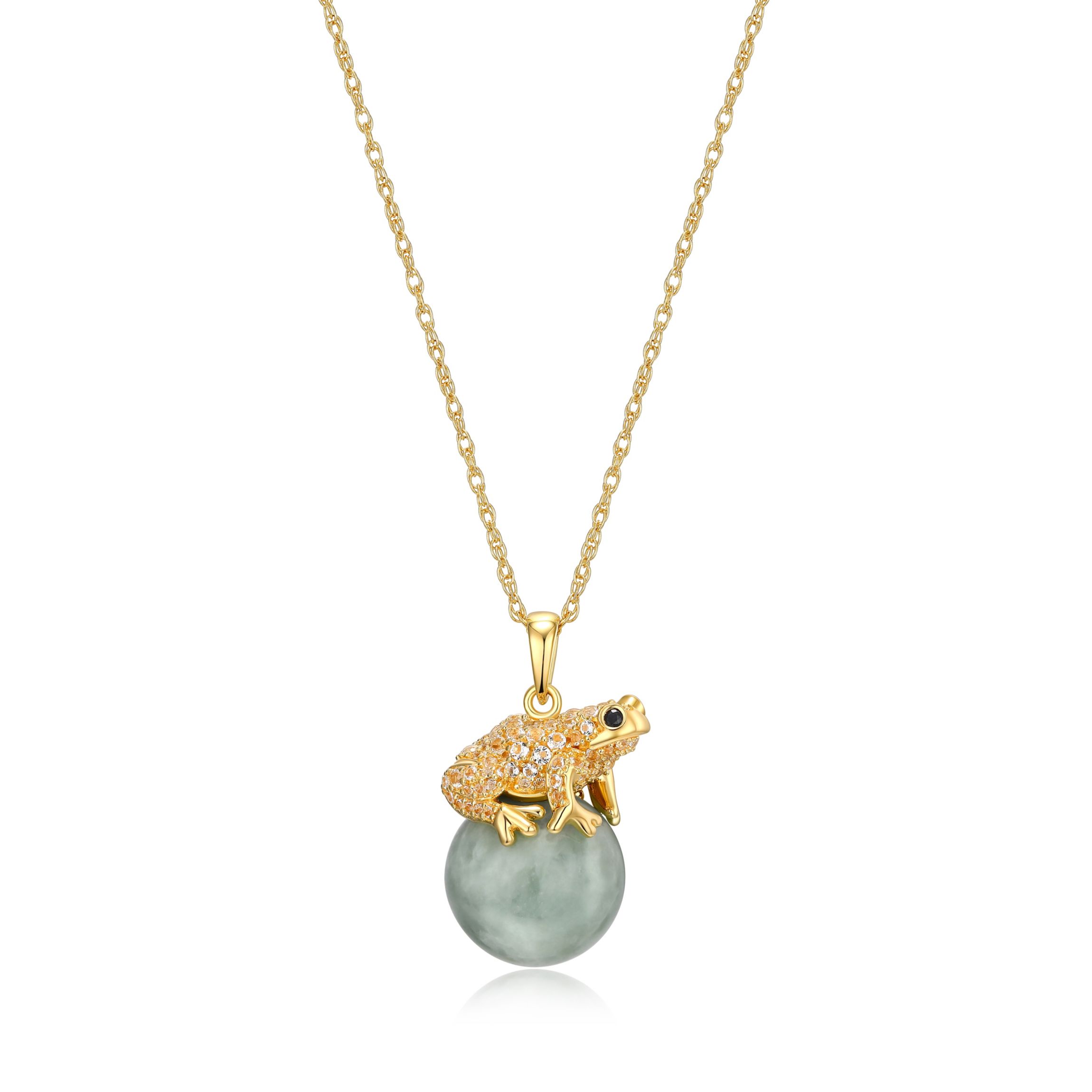 18k Gold Plated Sterling Silver Genuine Jade, White Tolaz and Black Sapphire Frog Pendant Necklace
