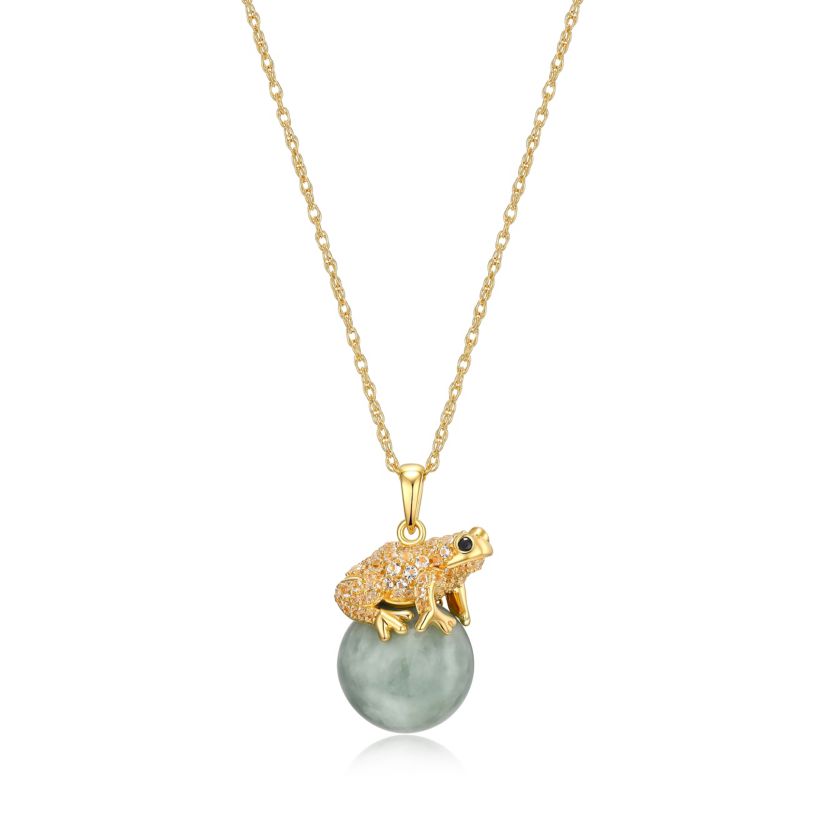 18k Gold Plated Sterling Silver Genuine Jade, White Tolaz and Black Sapphire Frog Pendant Necklace