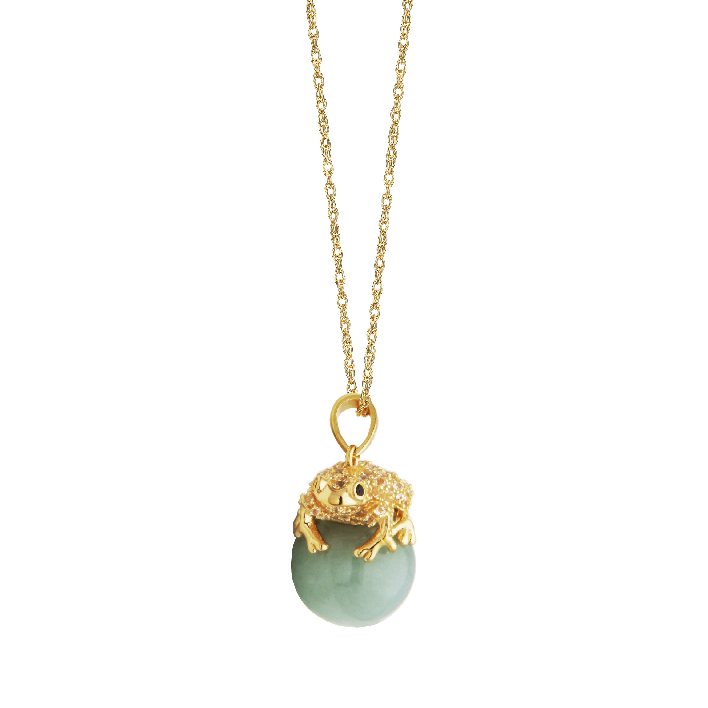 18k Gold Plated Sterling Silver Genuine Jade, White Tolaz and Black Sapphire Frog Pendant Necklace
