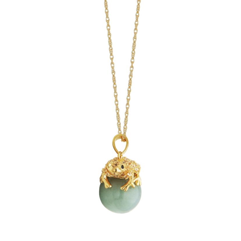 18k Gold Plated Sterling Silver Genuine Jade, White Tolaz and Black Sapphire Frog Pendant Necklace