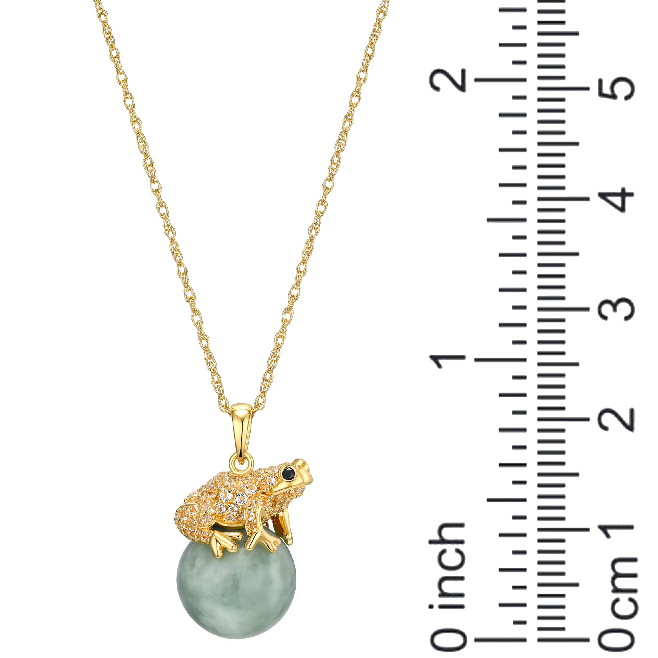 18k Gold Plated Sterling Silver Genuine Jade, White Tolaz and Black Sapphire Frog Pendant Necklace