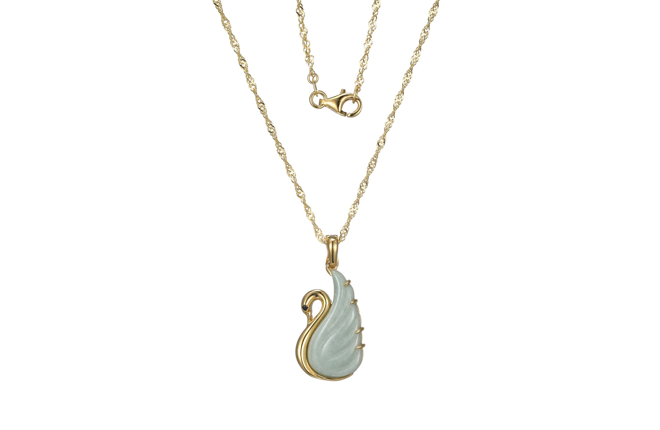 18K Gold Plated Sterling Silver Genuine Green Jade and Black Sapphire Swan Pendant Necklace