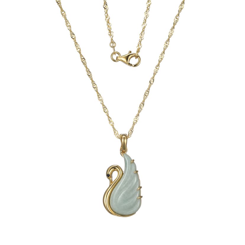 18K Gold Plated Sterling Silver Genuine Green Jade and Black Sapphire Swan Pendant Necklace