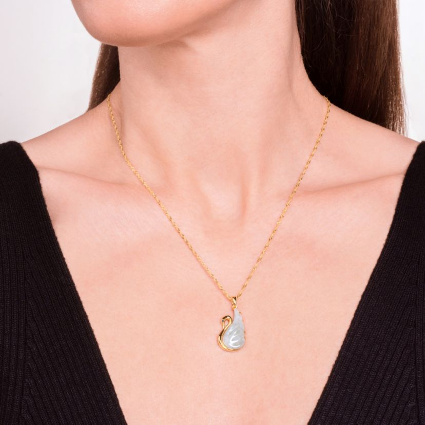 18K Gold Plated Sterling Silver Genuine Green Jade and Black Sapphire Swan Pendant Necklace