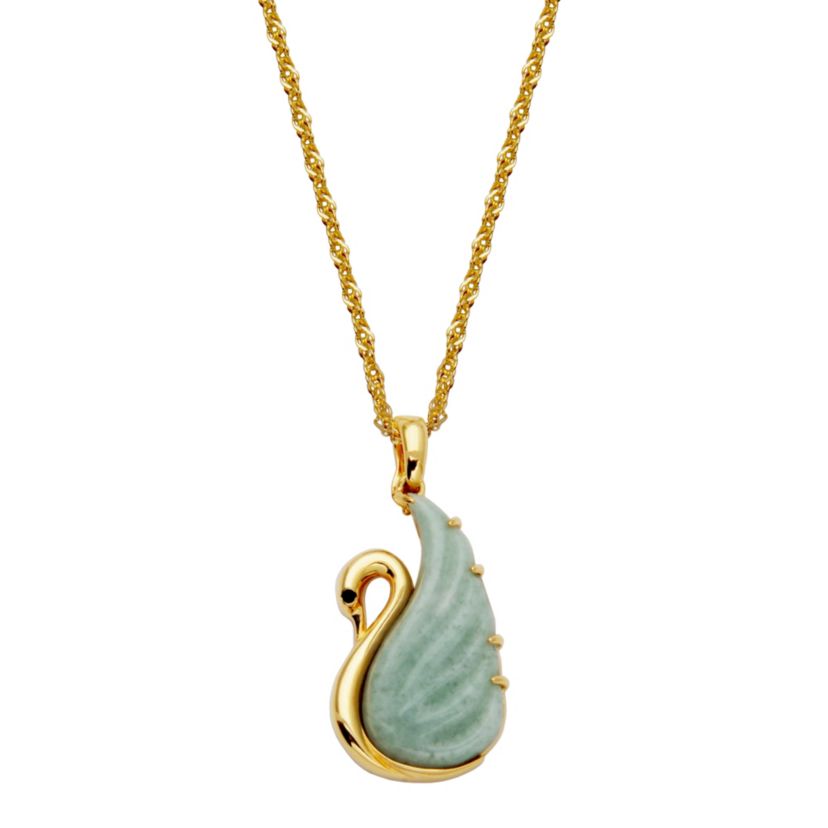 18K Gold Plated Sterling Silver Genuine Green Jade and Black Sapphire Swan Pendant Necklace