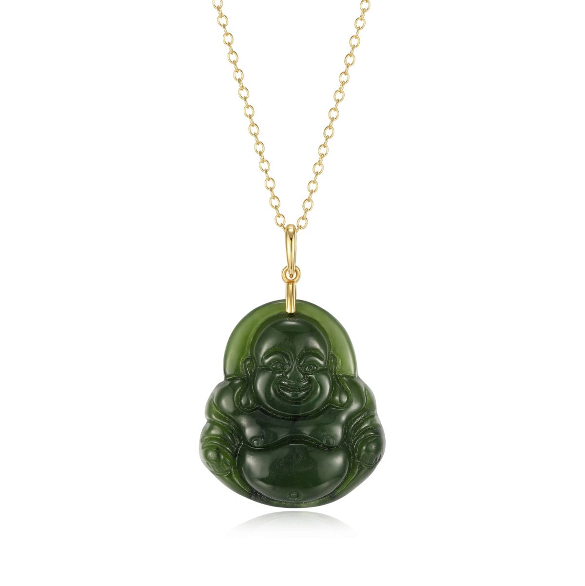 18K Yellow Gold Plated Sterling Silver Genuine Nephrite Jade Budha Pendant Necklace