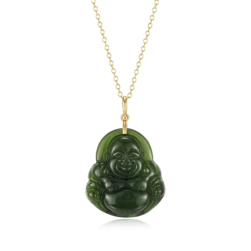 18K Yellow Gold Plated Sterling Silver Genuine Nephrite Jade Budha Pendant Necklace