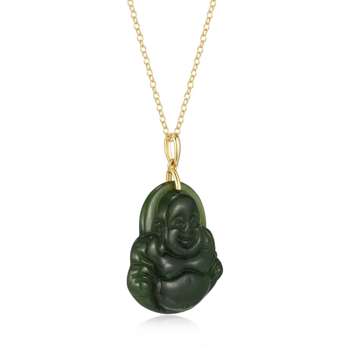 18K Yellow Gold Plated Sterling Silver Genuine Nephrite Jade Budha Pendant Necklace