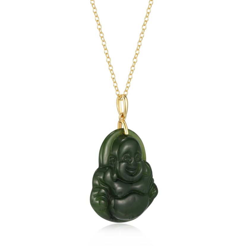18K Yellow Gold Plated Sterling Silver Genuine Nephrite Jade Budha Pendant Necklace
