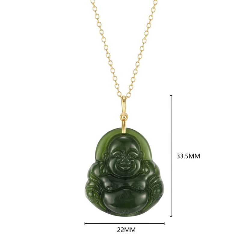 18K Yellow Gold Plated Sterling Silver Genuine Nephrite Jade Budha Pendant Necklace