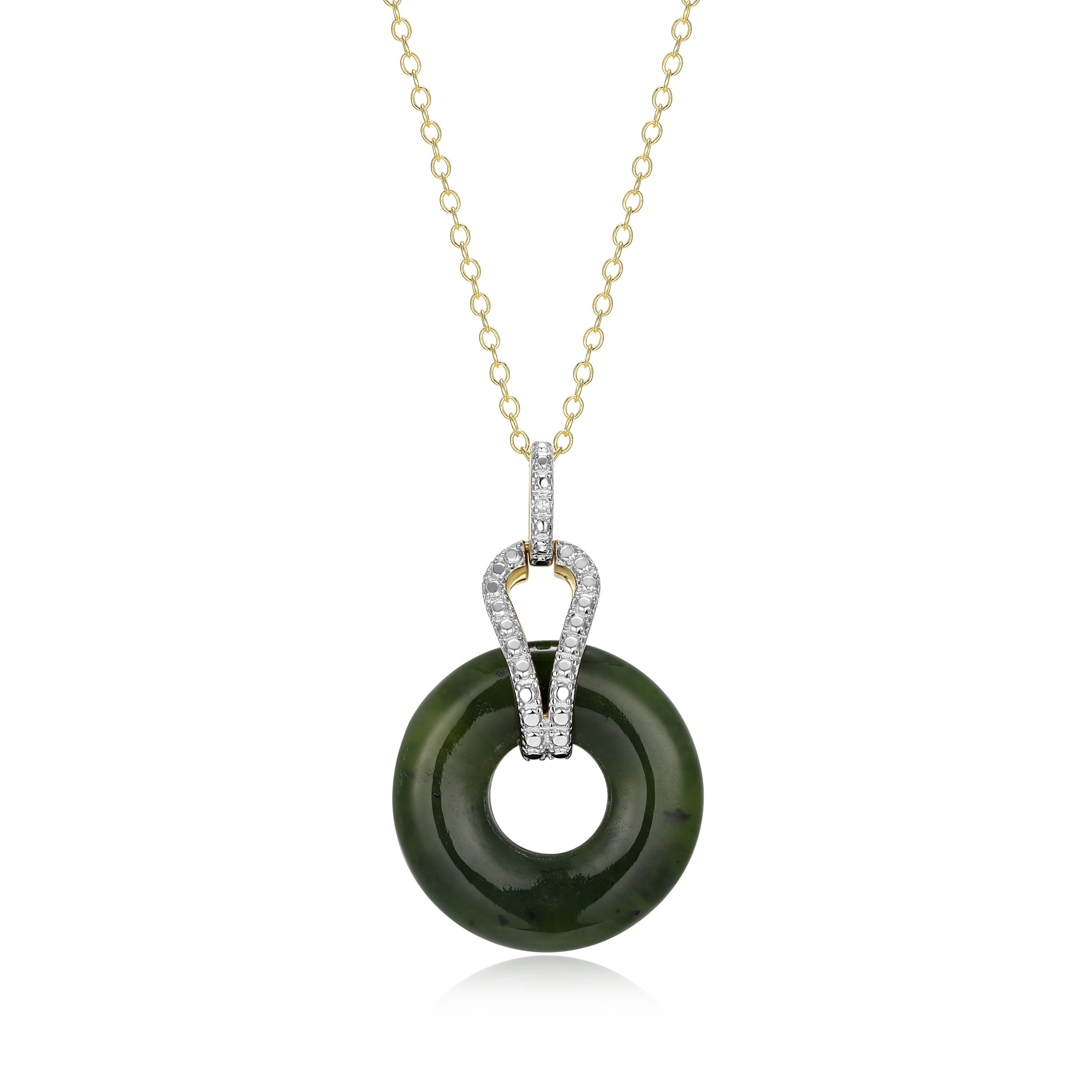18K Yellow Gold Plated Sterling Silver Genuine Nephrite Jade Diamond Accent Pendant Necklace