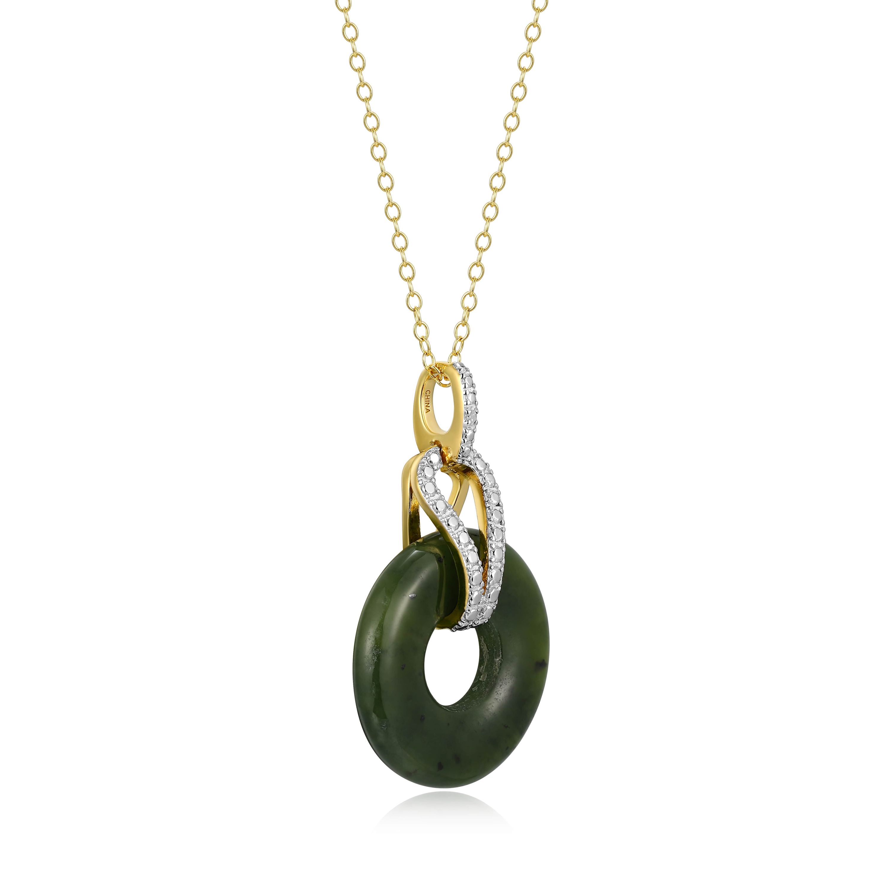 18K Yellow Gold Plated Sterling Silver Genuine Nephrite Jade Diamond Accent Pendant Necklace