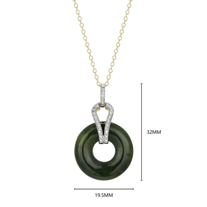 18K Yellow Gold Plated Sterling Silver Genuine Nephrite Jade Diamond Accent Pendant Necklace