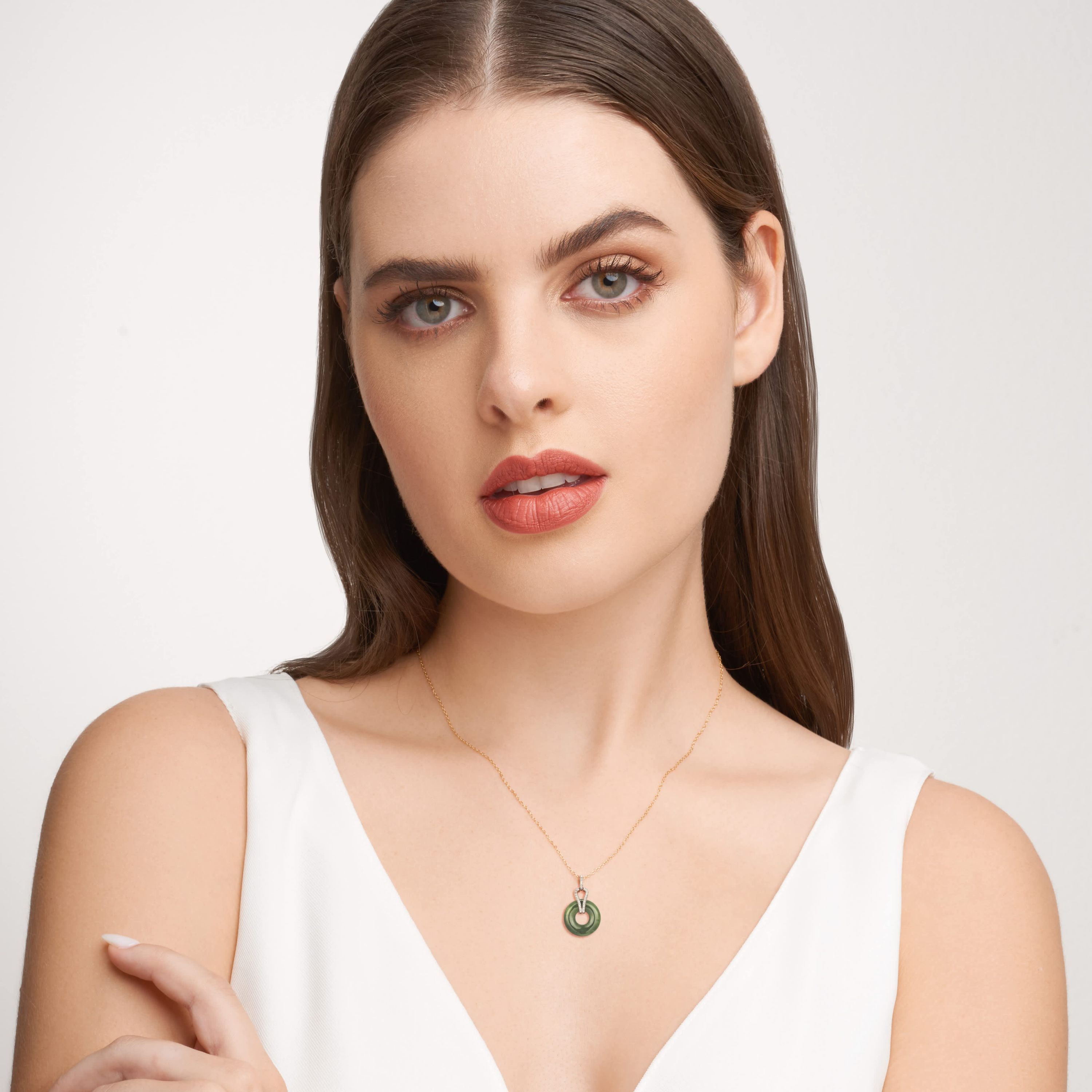 18K Yellow Gold Plated Sterling Silver Genuine Nephrite Jade Diamond Accent Pendant Necklace