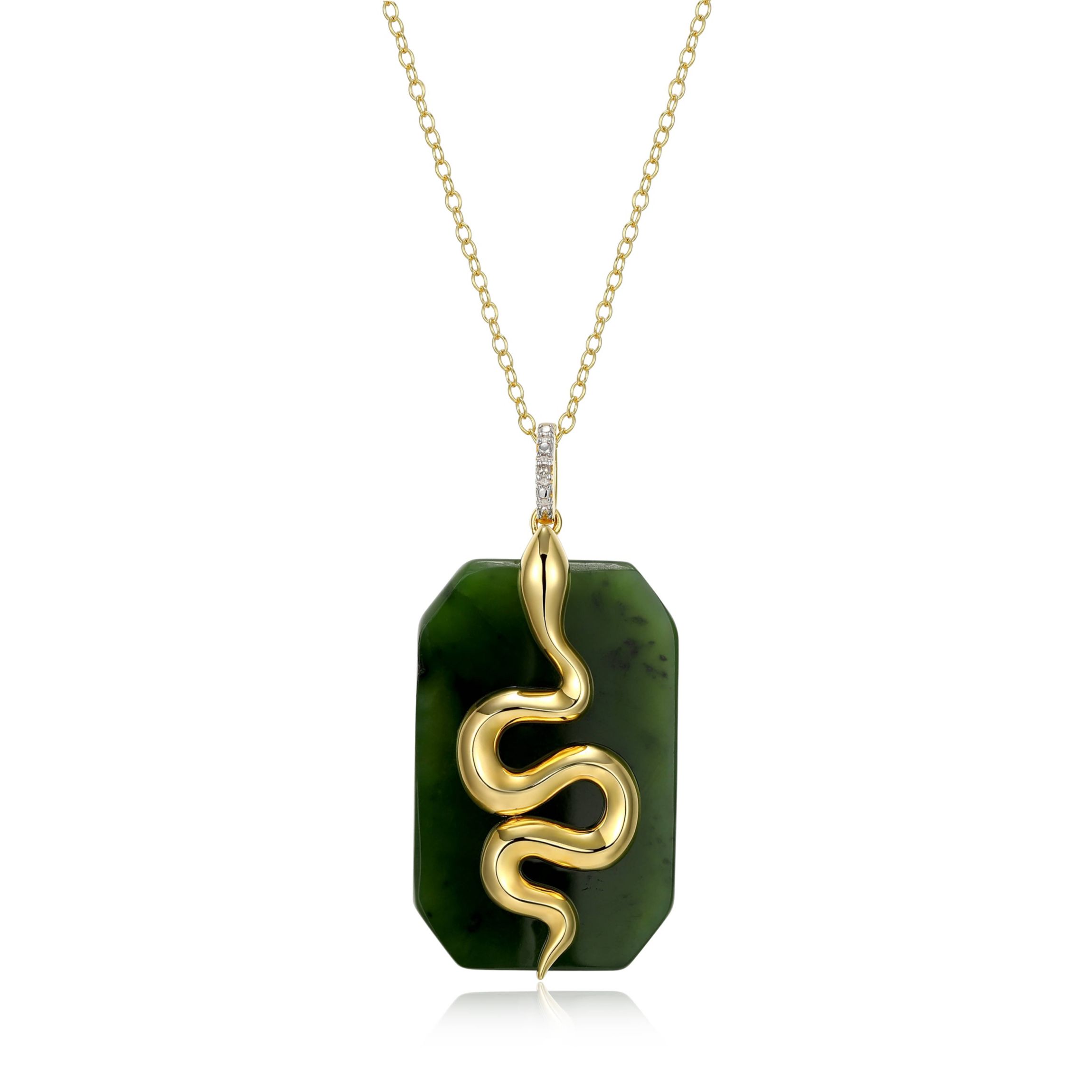 18K Yellow Gold Plated Sterling Silver Genuine Nephrite Jade Diamond Accent Snake Pendant Necklace