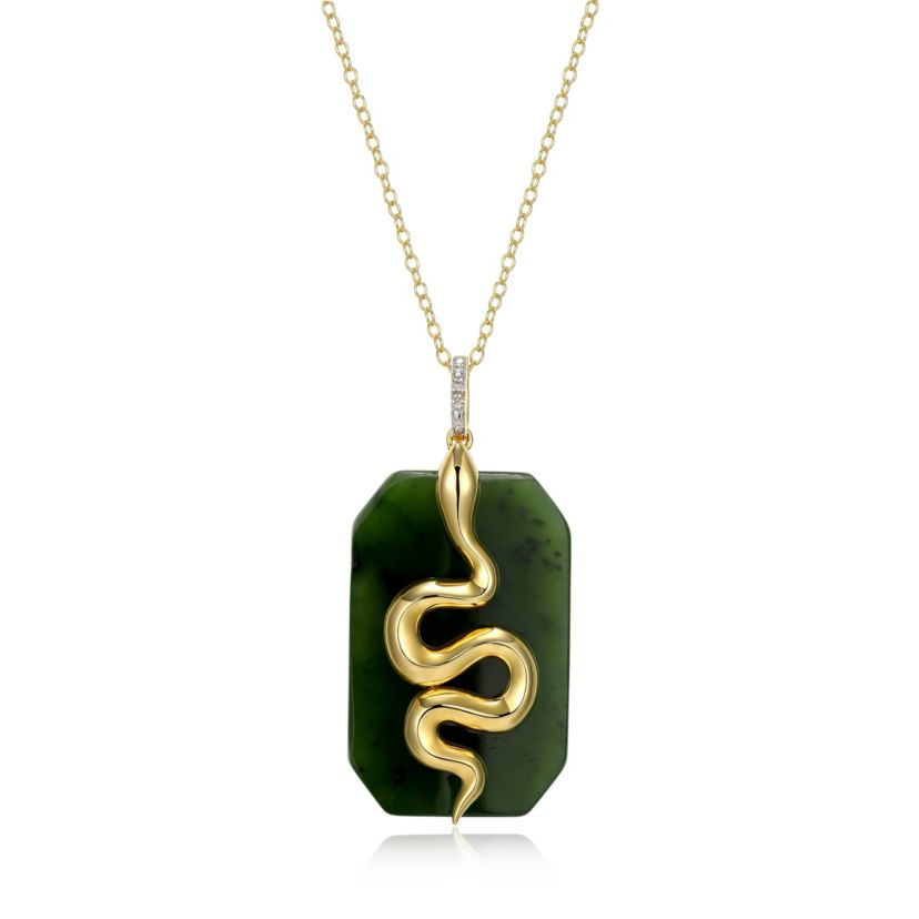 18K Yellow Gold Plated Sterling Silver Genuine Nephrite Jade Diamond Accent Snake Pendant Necklace
