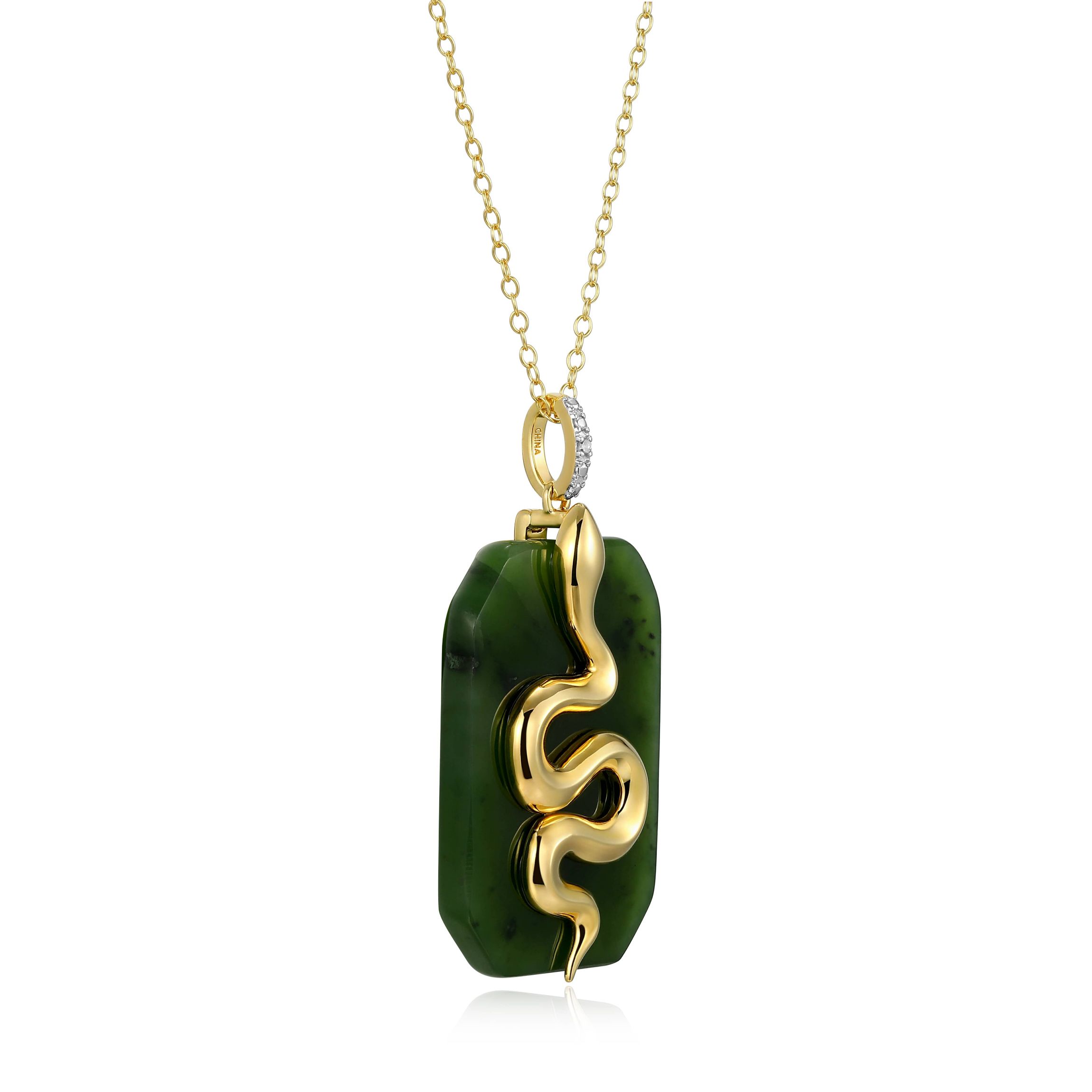 18K Yellow Gold Plated Sterling Silver Genuine Nephrite Jade Diamond Accent Snake Pendant Necklace