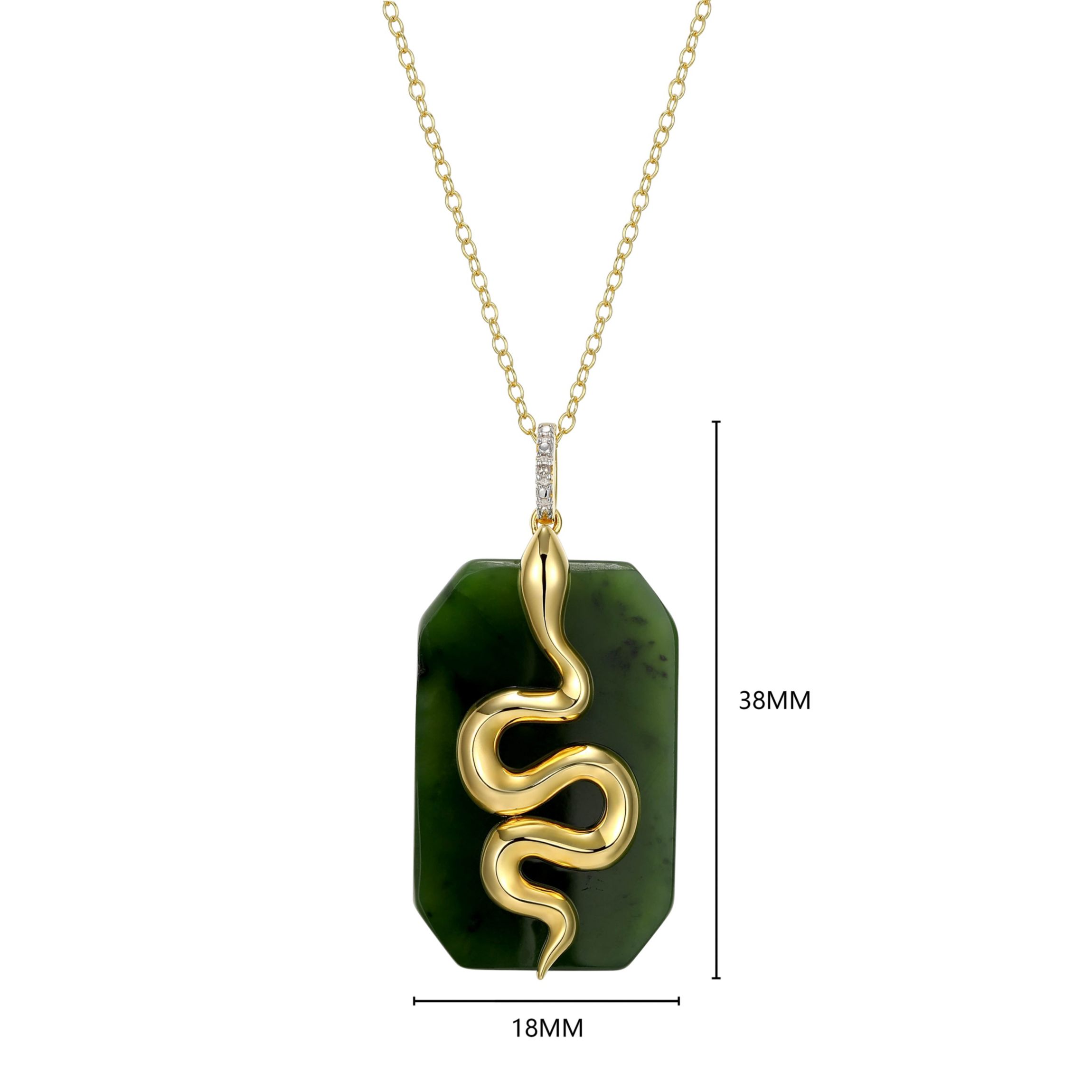 18K Yellow Gold Plated Sterling Silver Genuine Nephrite Jade Diamond Accent Snake Pendant Necklace
