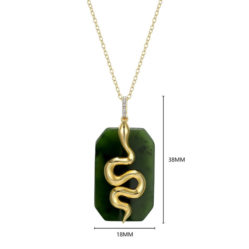 18K Yellow Gold Plated Sterling Silver Genuine Nephrite Jade Diamond Accent Snake Pendant Necklace