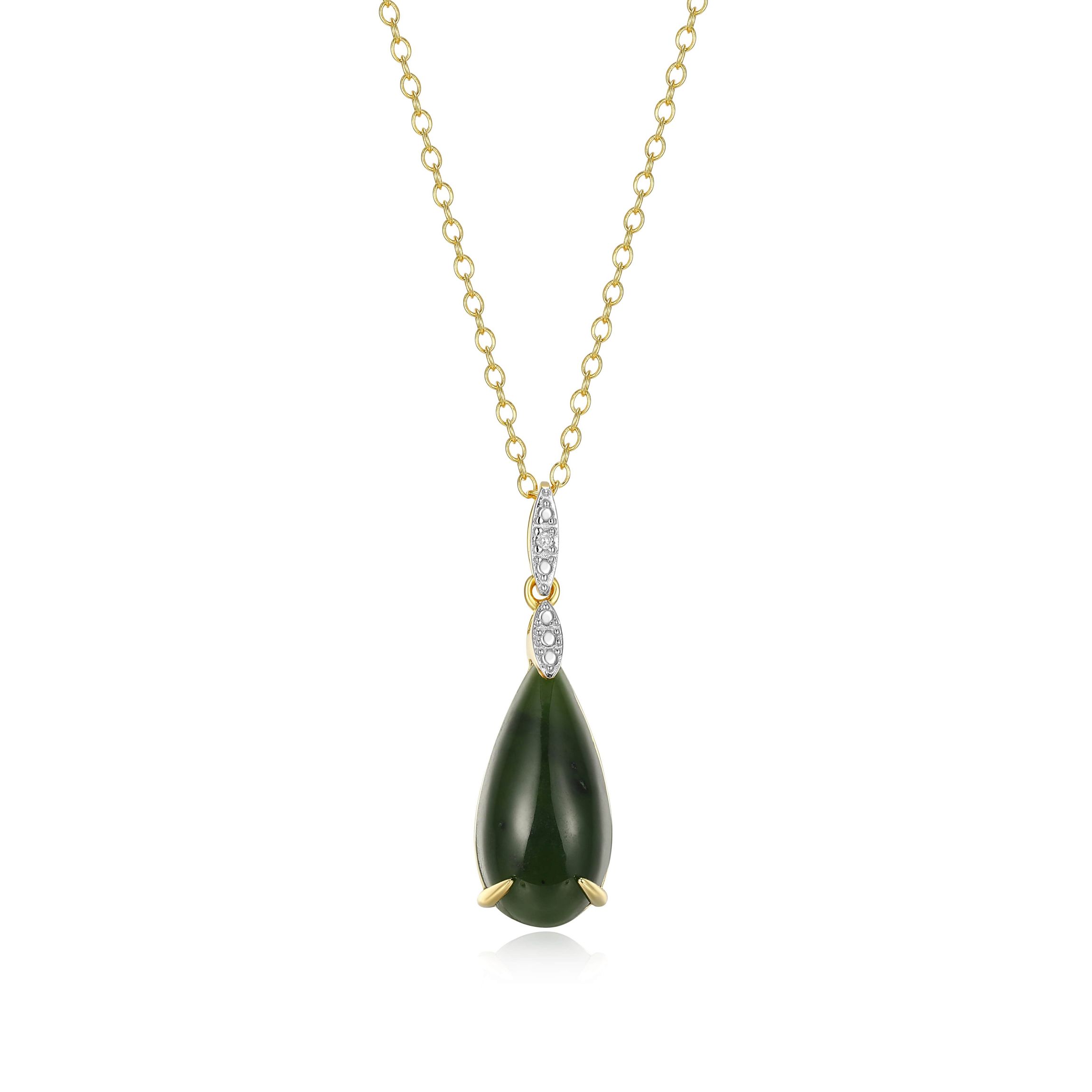 18K Yellow Gold Plated Sterling Silver Genuine Nephrite Jade Diamond Accent Drop Pendant Necklace