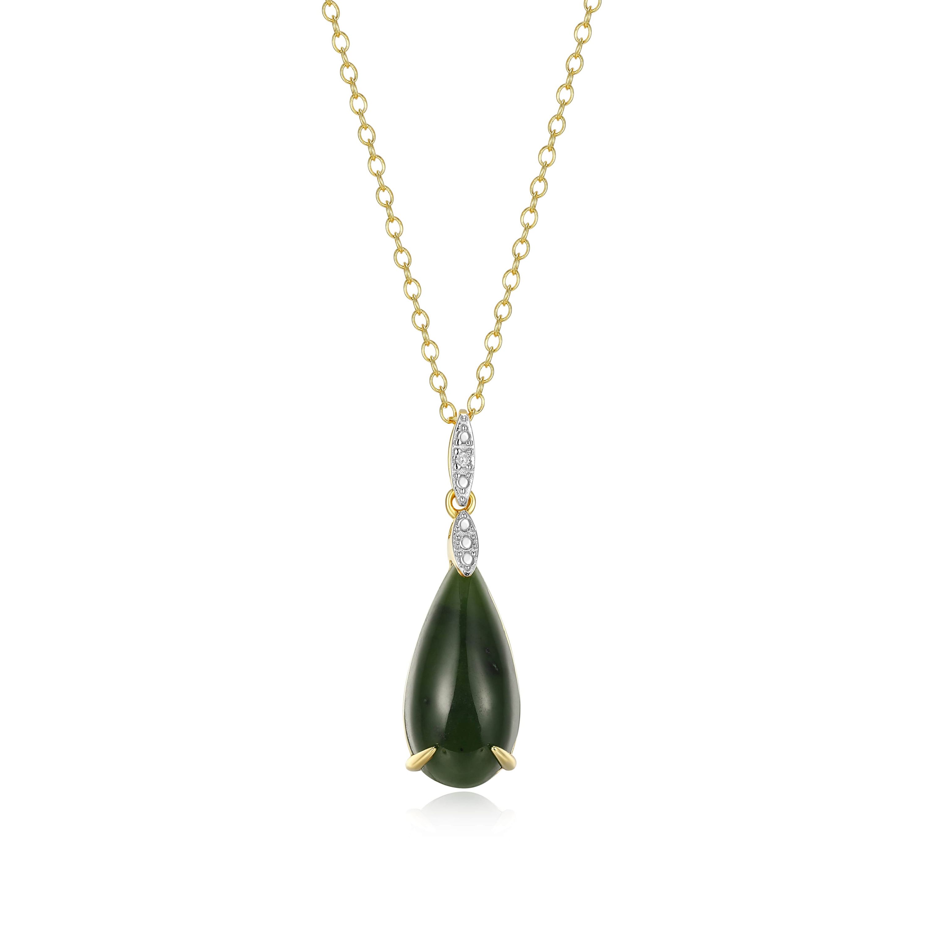 18K Yellow Gold Plated Sterling Silver Genuine Nephrite Jade Diamond Accent Drop Pendant Necklace
