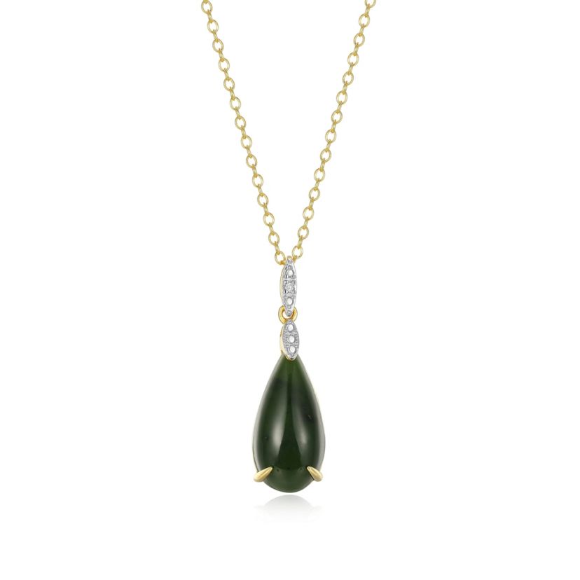 18K Yellow Gold Plated Sterling Silver Genuine Nephrite Jade Diamond Accent Drop Pendant Necklace