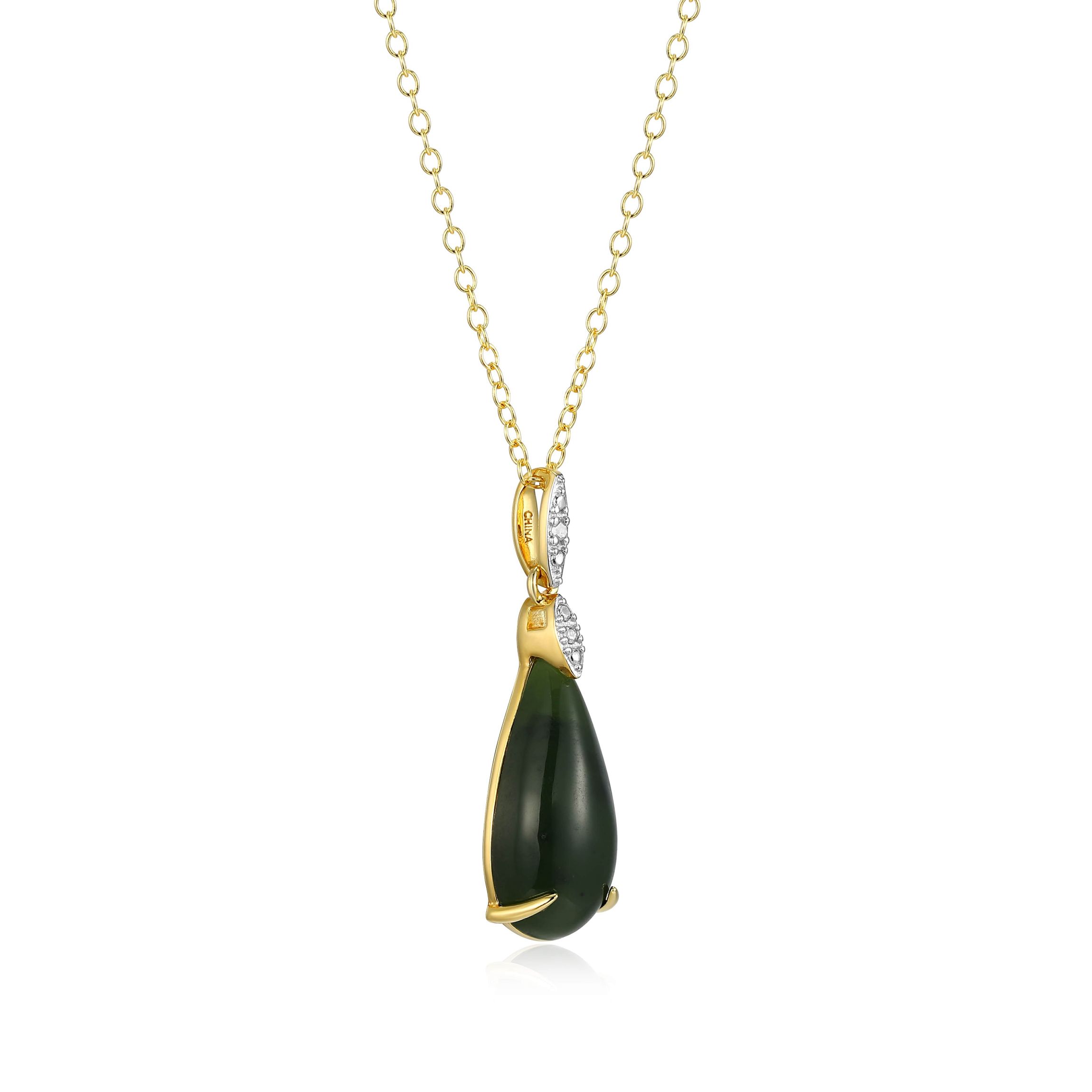 18K Yellow Gold Plated Sterling Silver Genuine Nephrite Jade Diamond Accent Drop Pendant Necklace