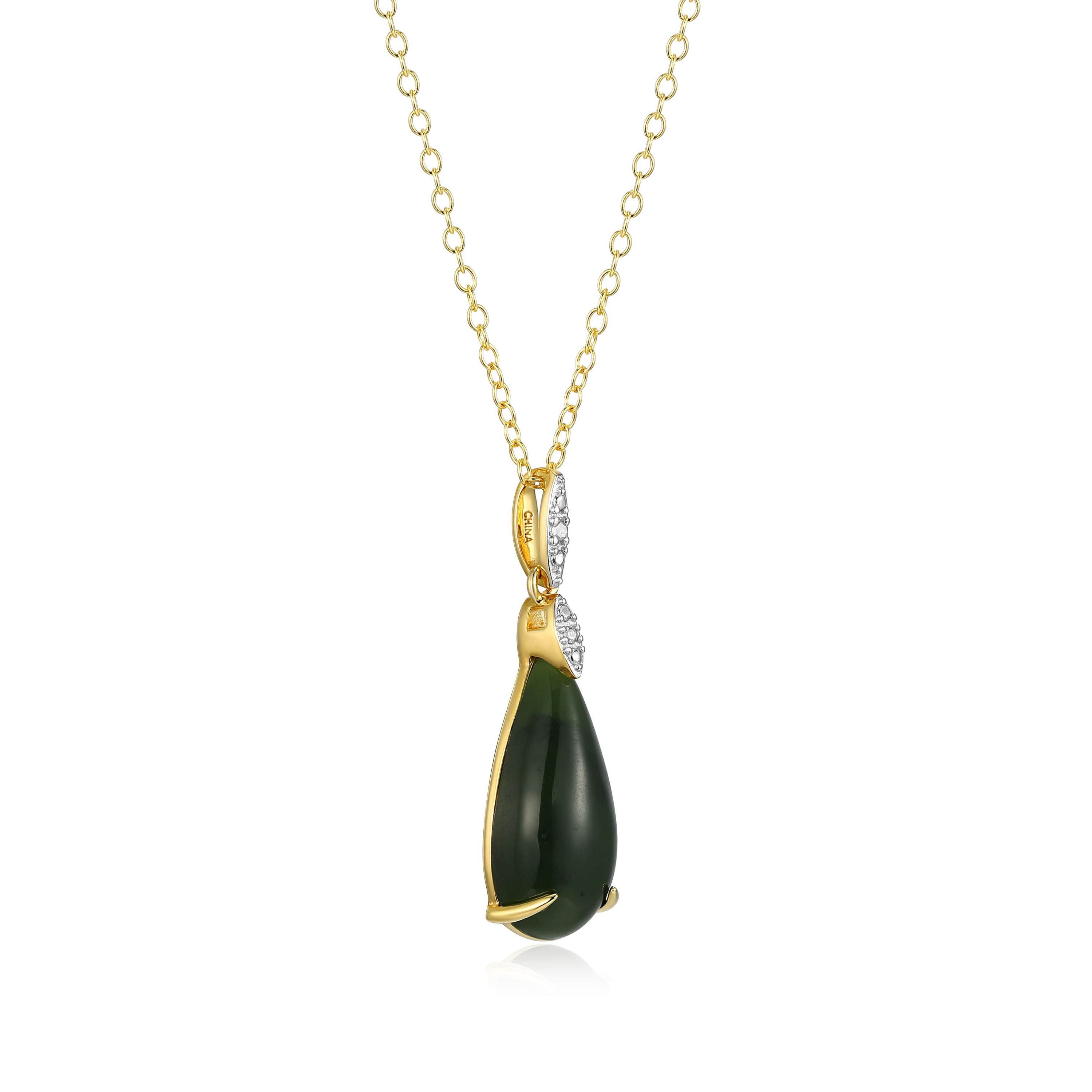 18K Yellow Gold Plated Sterling Silver Genuine Nephrite Jade Diamond Accent Drop Pendant Necklace