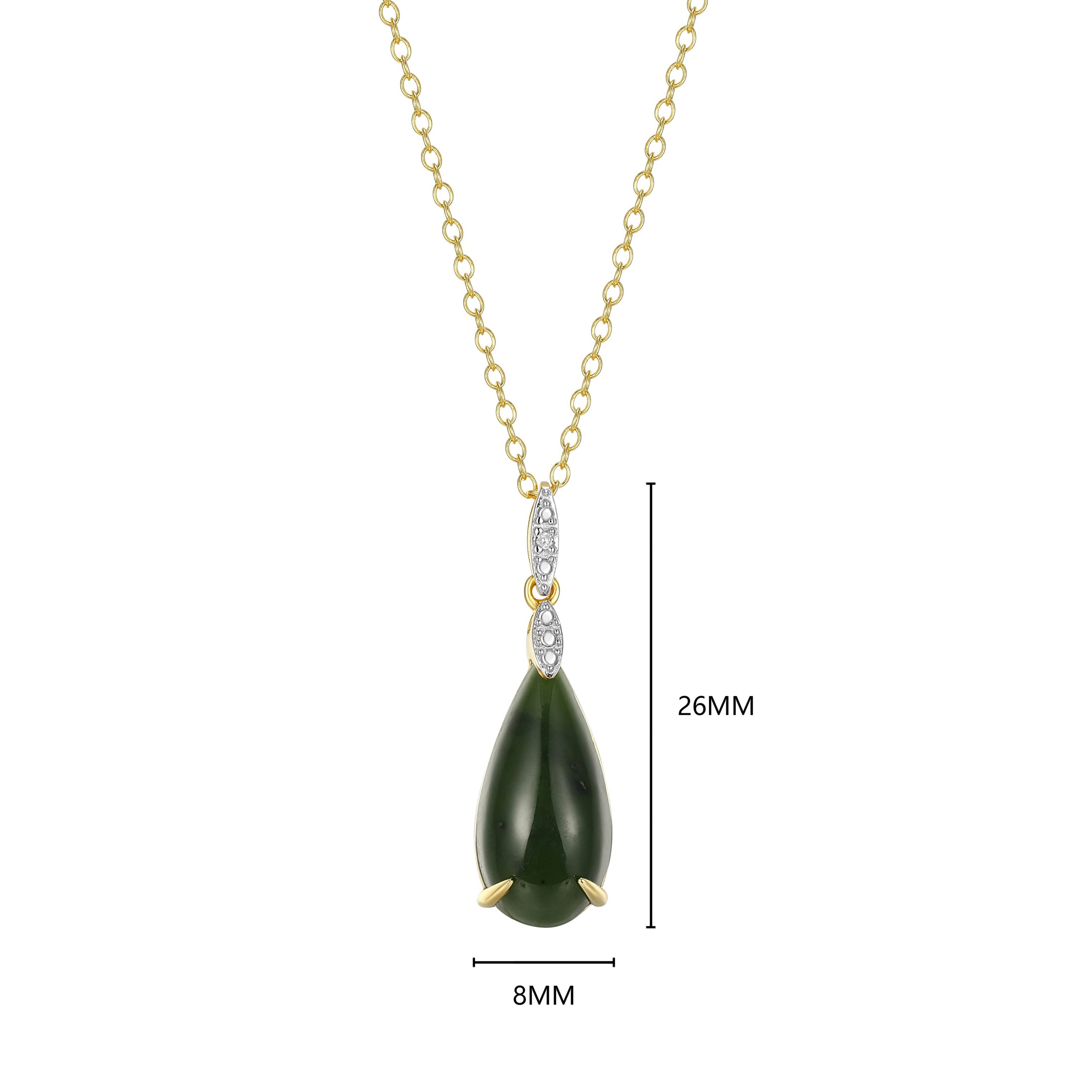 18K Yellow Gold Plated Sterling Silver Genuine Nephrite Jade Diamond Accent Drop Pendant Necklace