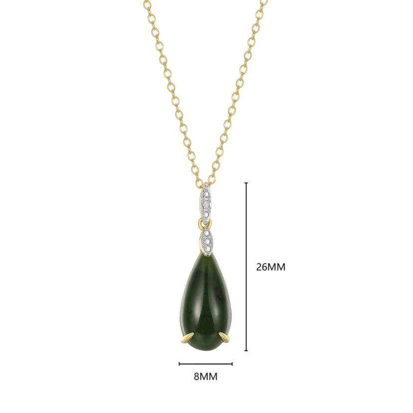 18K Yellow Gold Plated Sterling Silver Genuine Nephrite Jade Diamond Accent Drop Pendant Necklace