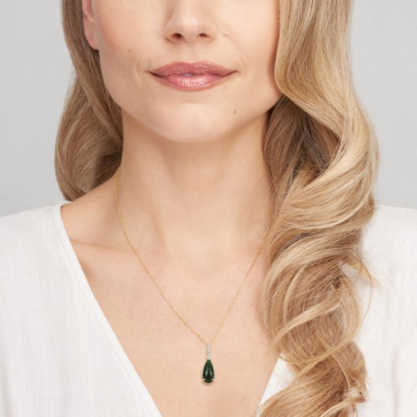 18K Yellow Gold Plated Sterling Silver Genuine Nephrite Jade Diamond Accent Drop Pendant Necklace